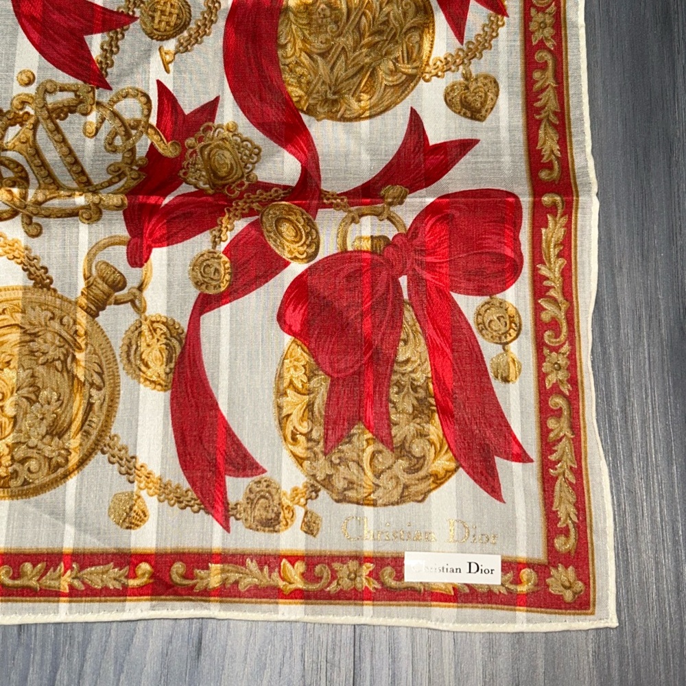 Vintage Christian Dior Gold Chain Red Ribbon Cotton Handkerchief Scarf - Picture 6 of 12